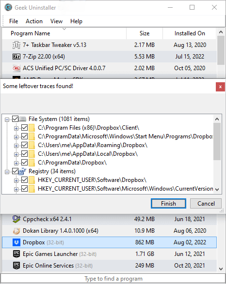 Leftover traces dialog after uninstall, showing file system and registry items