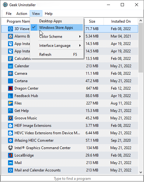 View menu with Windows Store Apps option selected