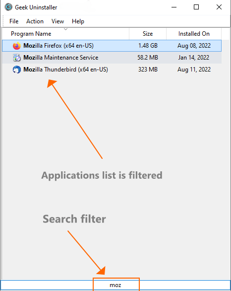 Instant search filter narrowing the list to matching programs